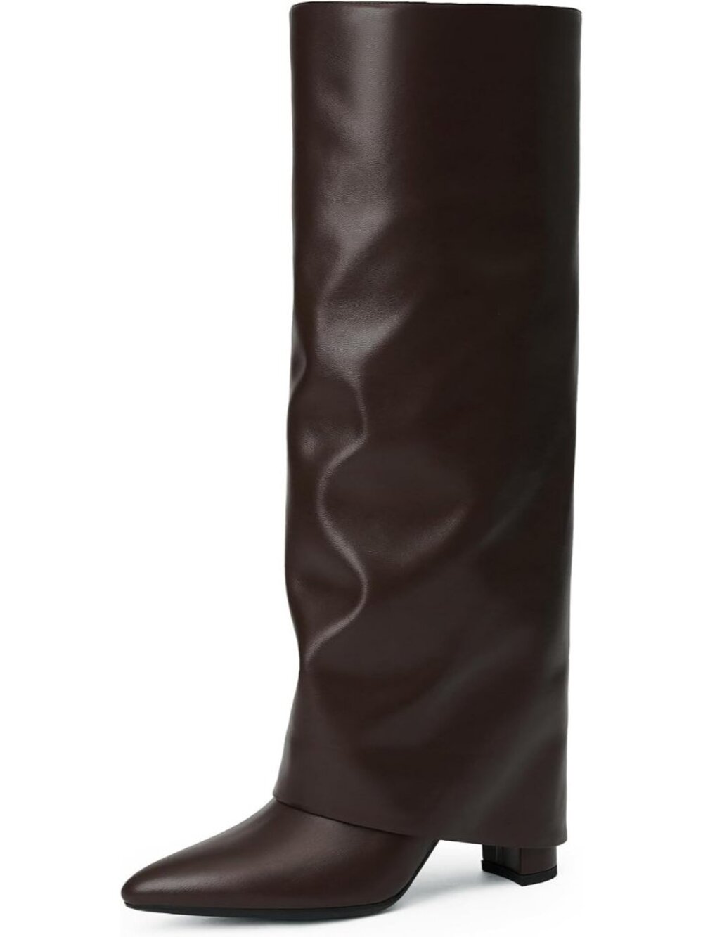 Women's Brown Pu2 Knee High Fold Over Boots Chunky Heel Pointed Toe Tall Boots